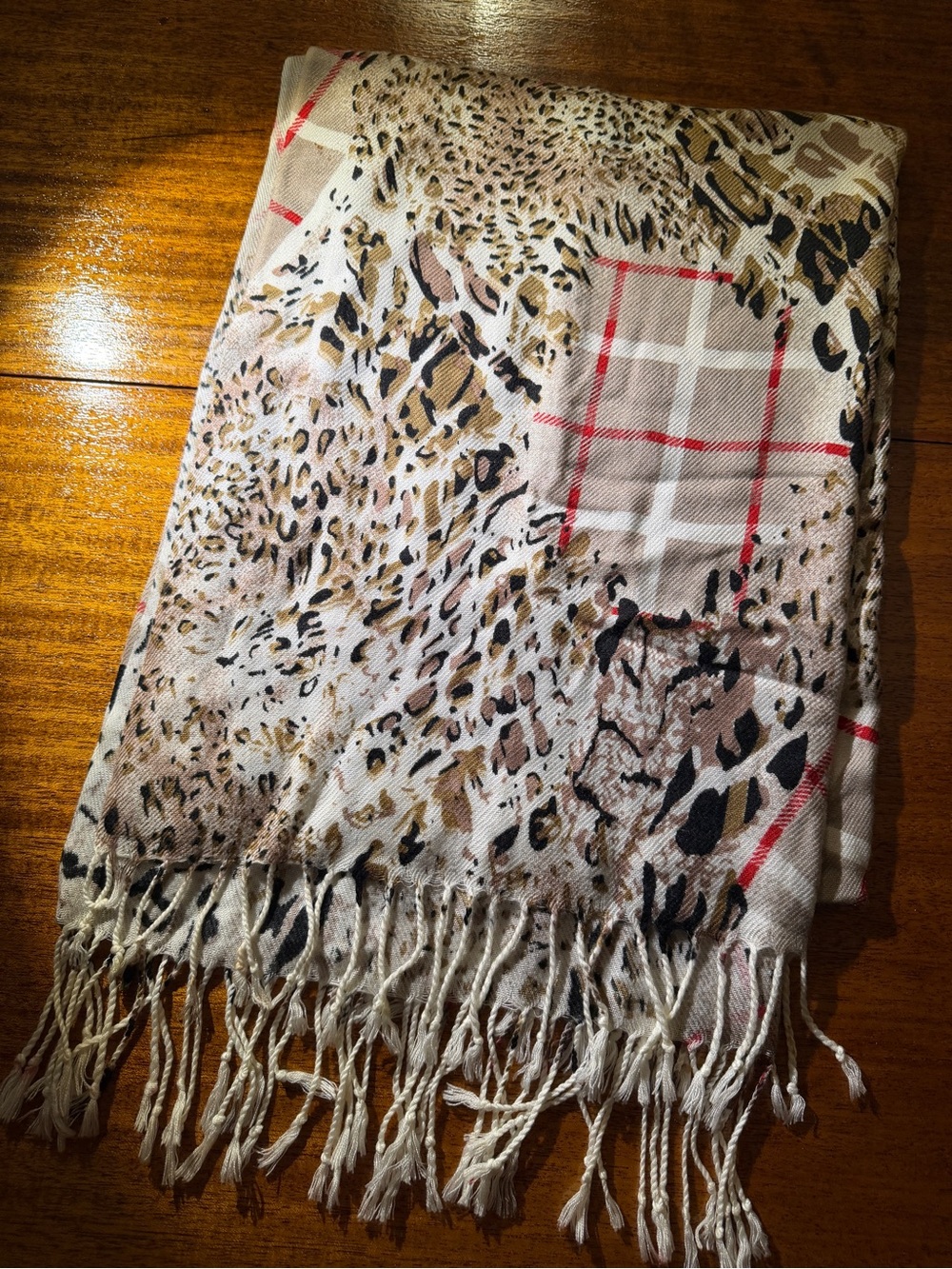 Leopard Print Fringe Shaw - Cream & Brown